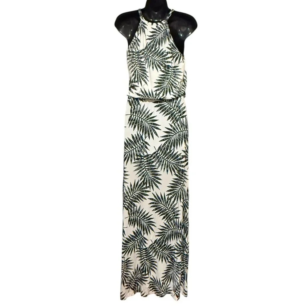 C&C California sz S Palm Leaf Print Halter Tropical Maxi Dress Black White - Picture 3 of 9